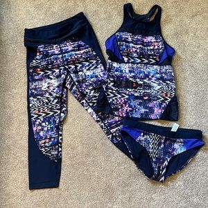 Athleta Colorblock Tri-ssential bundle - top, bikini bottoms, leggings